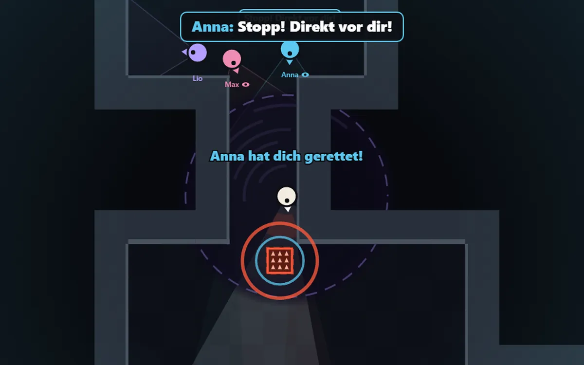 Selbstblind: Anna ruft „Stopp! Direkt vor dir!“, vor der Spielfigur blitzt eine Falle auf.