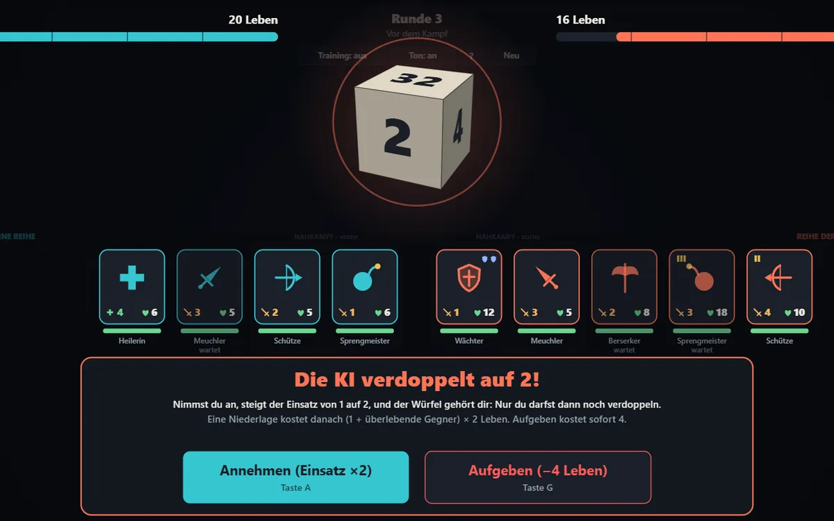 Doppelt oder nichts: Die KI verdoppelt auf 2, großer Würfel in der Mitte, darunter die Knöpfe Annehmen und Aufgeben.