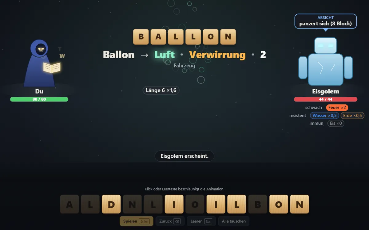 Wortmacht: Das Wort Ballon wird zu Luft, Verwirrung, Stärke 2; rechts steht ein Eisgolem.